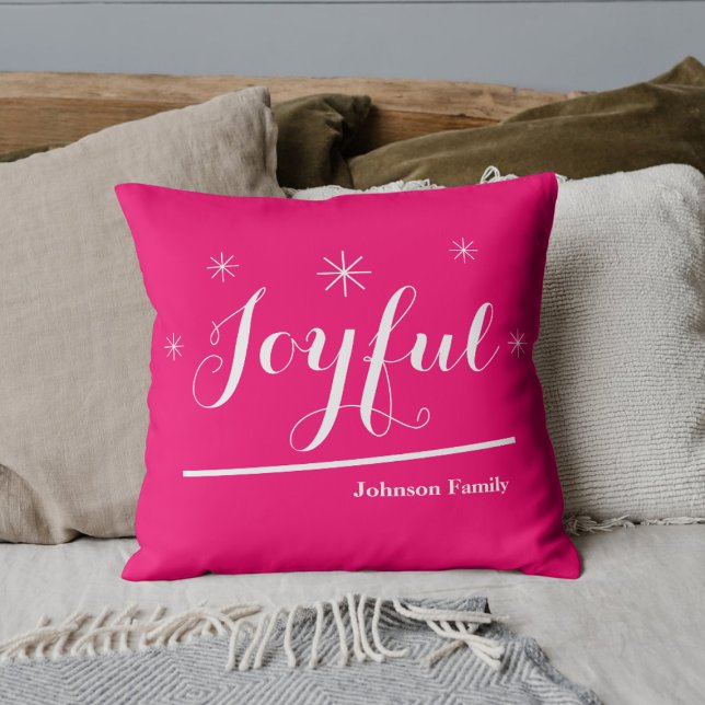 Joyful Christmas Personalized Family Name Hot Pink Throw Pillow (Add some Joyful spice to the holidays with these hot pink throw pillows.)