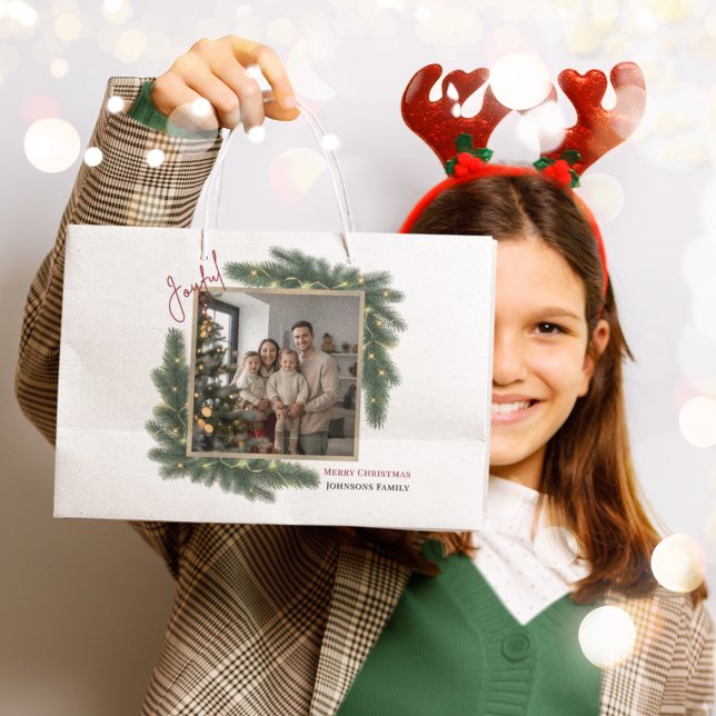 Joyful Christmas Personalized Family Photo Gift Ba Large Gift Bag (Creator Uploaded)
