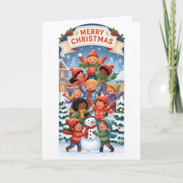 Joyful Christmas Pyramid – Kids Building a Snowman Card (Front)