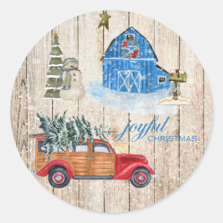 JOYFUL CHRISTMAS - Rustic Country Holiday Scene Classic Round Sticker