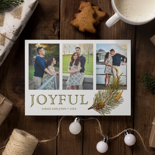 Joyful Christmas | Rustic Pine Sprig Photo Collage Holiday Card (Creator Uploaded)