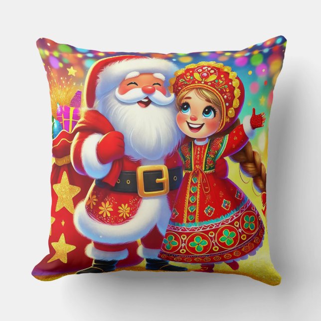 Joyful Christmas Scene Featuring Santa Throw Pillow (Front)