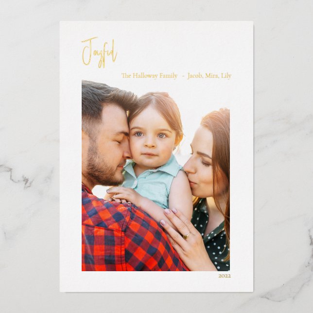 Joyful Christmas Script Vertical Single Photo Gold Foil Holiday Card (Front)