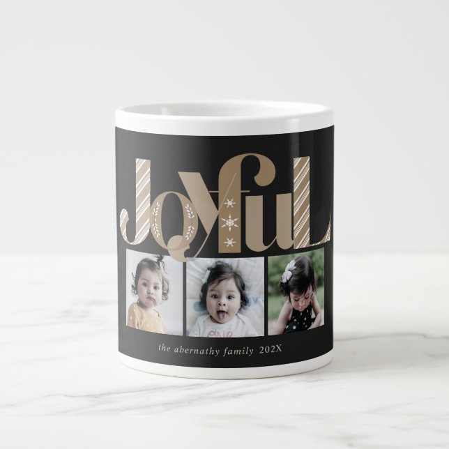 Joyful Christmas Three Photo Black Gold Giant Coffee Mug (Front)