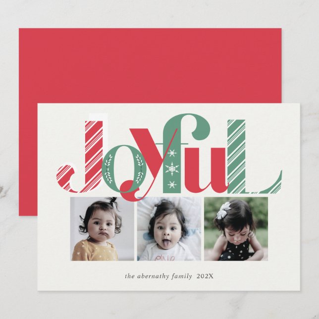 Joyful Christmas Three Photo Red Green Holiday Card (Front/Back)