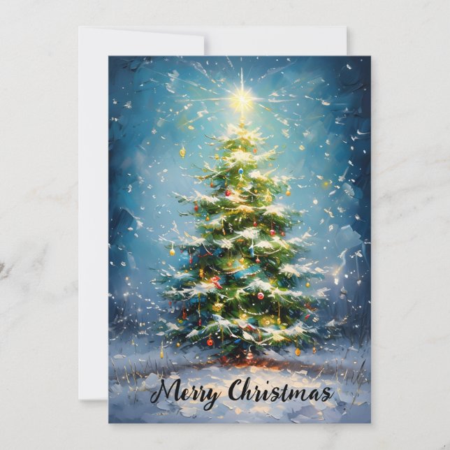 Joyful Christmas Tree in a Snowy Field - Oil Paint Holiday Card (Front)