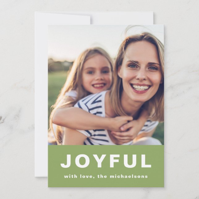 Joyful Christmas Vibrant Green Two Photo Collage Holiday Card (Front)