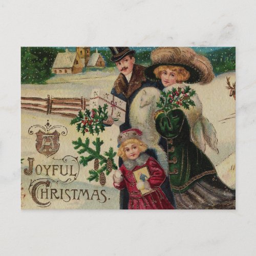 Joyful Christmas Victorian Family and Village Holiday Postcard