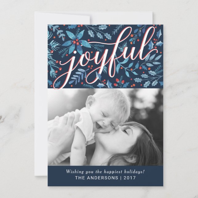 Joyful Christmas Watercolor Foliage Holiday Photo Card (Front)