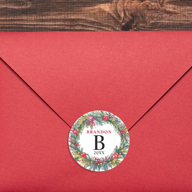 Joyful Christmas Watercolor Wreath Name Monogram Classic Round Sticker (Creator Uploaded)
