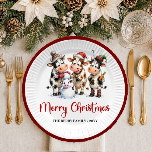 Joyful Christmas whimsical cow cartoon christmas p Paper Plates