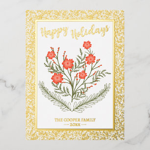 Joyful Christmas Winter Floral Gold Glitters Foil Holiday Postcard