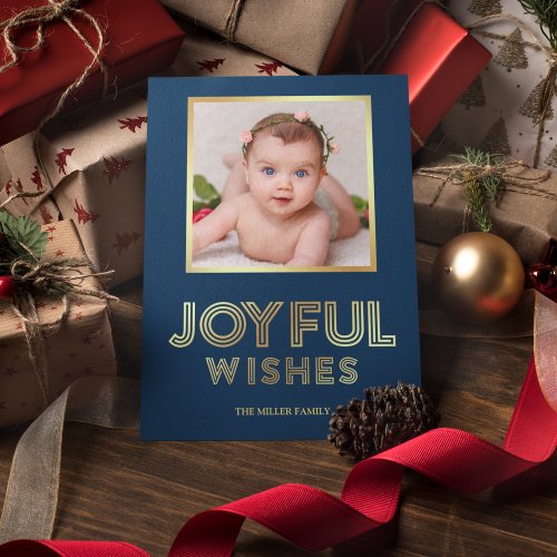 Joyful Christmas Wishes  Blue and Gold Photo Holiday Card