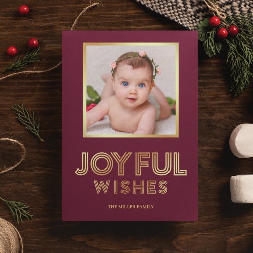 Joyful Christmas Wishes  Burgundy and Gold Photo Holiday Card