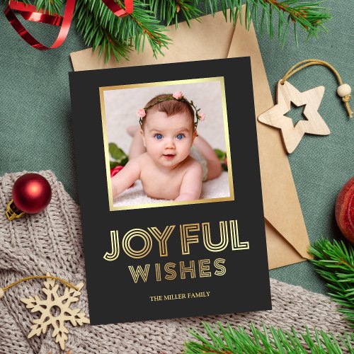 Joyful Christmas Wishes  Gray and Gold Photo Holiday Card