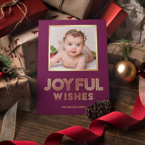 Joyful Christmas Wishes  Plum and Gold Photo Holiday Card