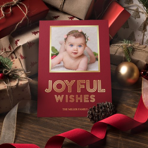 Joyful Christmas Wishes  Red and Gold Photo Holiday Card