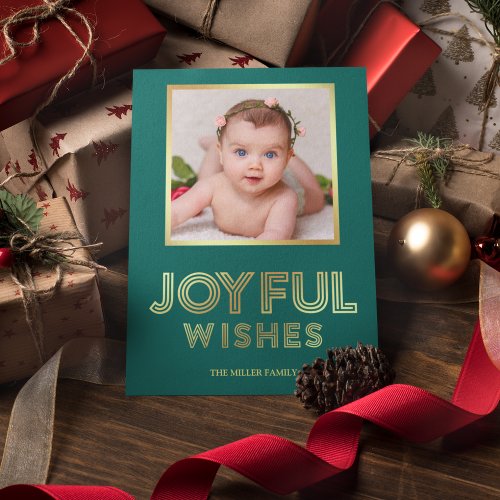 Joyful Christmas Wishes  Teal and Gold Photo Holiday Card