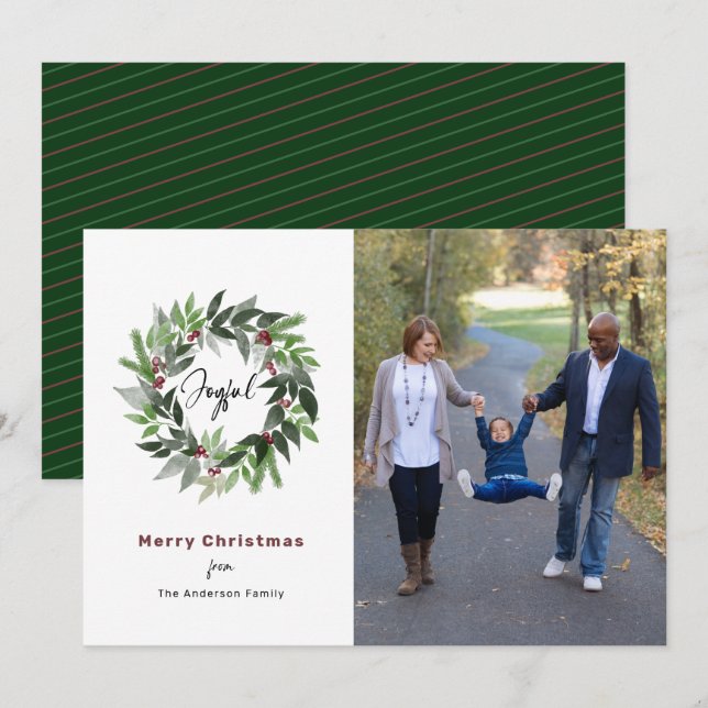 Joyful Christmas Wreath Minimal Photo Holiday Card (Front/Back)