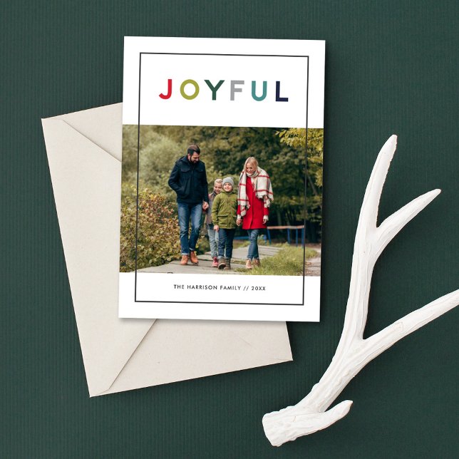 Joyful Colorful Stripe Frame Photo Holiday Card (Creator Uploaded)