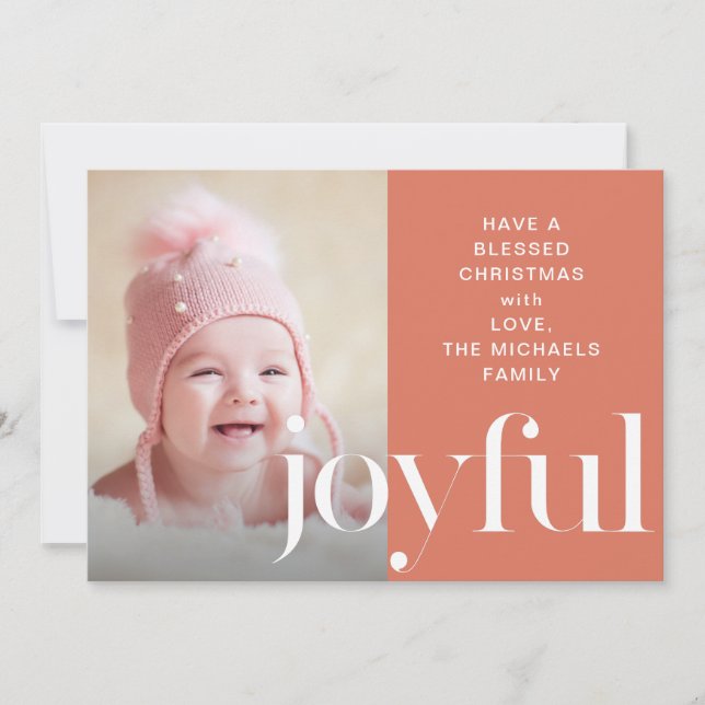 Joyful Coral Photo Christmas Card Holiday Greeting (Front)