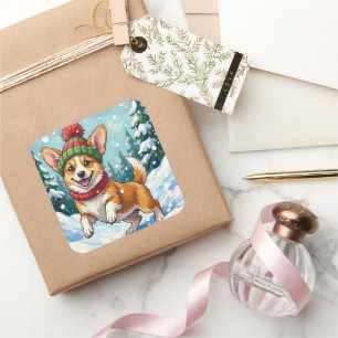 Joyful Corgi Dog Bouncing in Snow with Pom Pom Square Sticker