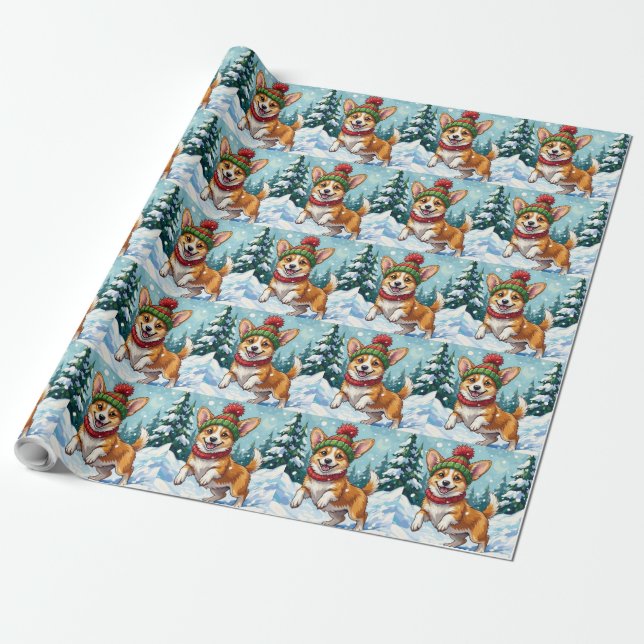 Joyful Corgi Dog Bouncing in Snow with Pom Pom Wrapping Paper (Unrolled)