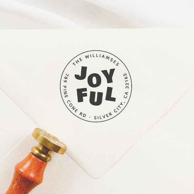 Joyful Cute Modern Round Christmas Family Address Rubber Stamp (Creator Uploaded)
