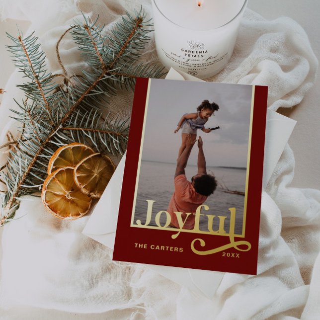 Joyful Dark Burgundy Bold Typography Photo Foil Holiday Card (Creator Uploaded)