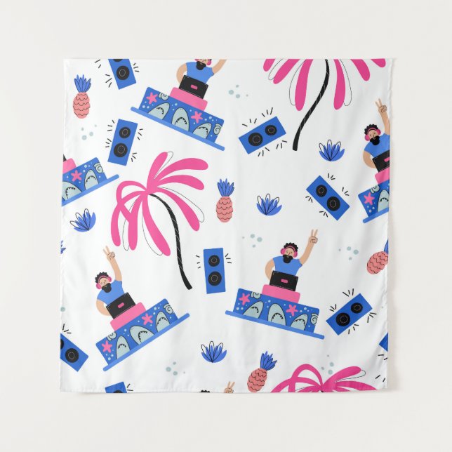 Joyful DJ, tropical beach pattern. Tapestry (Front)