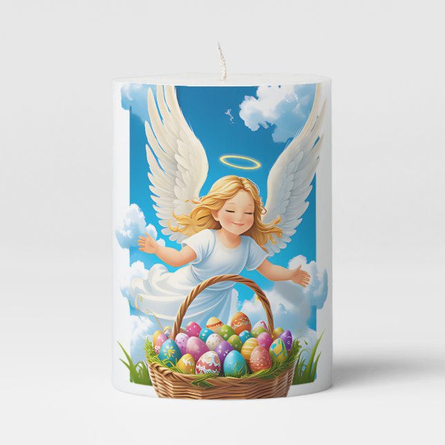Joyful Easter Angel with Basket Pillar Candle (Front)