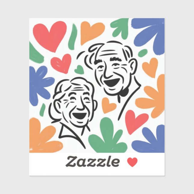 Joyful Elderly Couple Heart Art - Whimsical Love & Sticker (Sheet)
