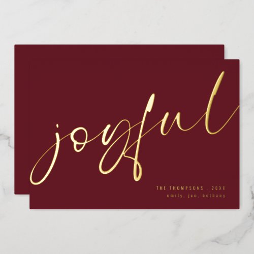 Joyful Elegant Calligraphy Name Christmas Burgundy Foil Holiday Card