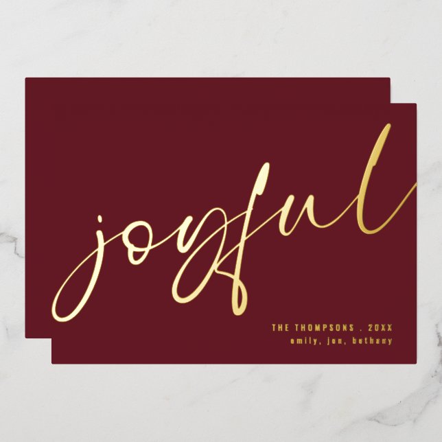 Joyful Elegant Calligraphy Name Christmas Burgundy Foil Holiday Card (Front/Back)