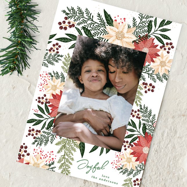 Joyful Elegant Christmas Poinsettia Splendor Photo Holiday Card (Creator Uploaded)