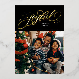Joyful elegant one photo black gold Christmas Foil Holiday Card