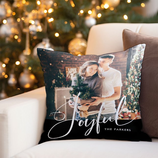 Joyful | Elegant Script and Photo Christmas Black Throw Pillow (An elegant holiday family photo pillow with modern script calligraphy)