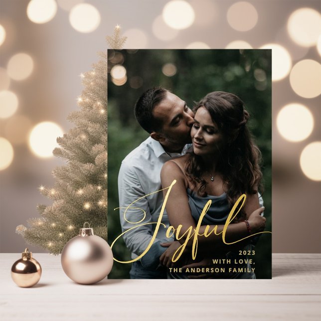 Joyful | Elegant Script and Photo Christmas Foil Holiday Card (An elegant Christmas photo card with elegant gold foil script that says Joyful)