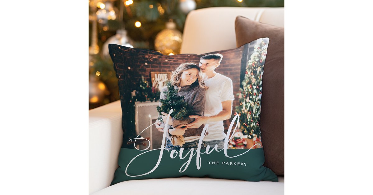 Joyful | Elegant Script and Photo Christmas Green Throw Pillow | Zazzle
