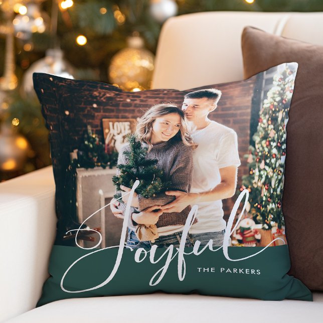 Joyful | Elegant Script and Photo Christmas Green Throw Pillow (A festive, elegant Christmas pillow in green with your family's photo and modern calligraphy)
