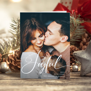 Joyful   Elegant Script and Photo Christmas Holiday Card