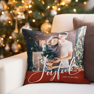 Joyful Elegant Script and Photo Christmas Red Throw Pillow