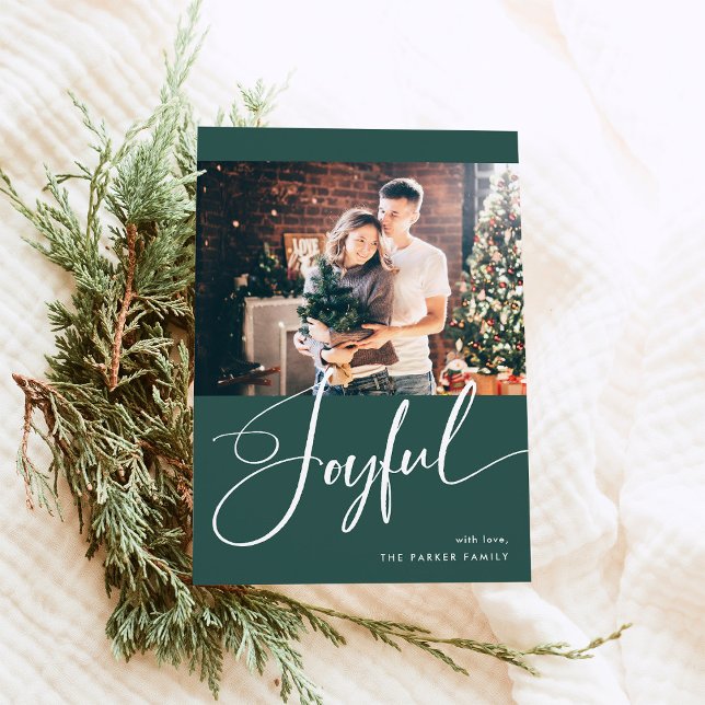 Joyful | Elegant Script and Two Photos Christmas Holiday Card (An elegant green Christmas photo card that says "joyful" in modern calligraphy)
