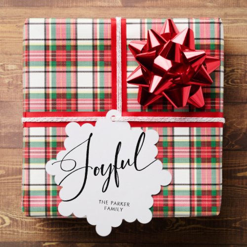 Joyful  Elegant Script Black and White Christmas Ornament Card