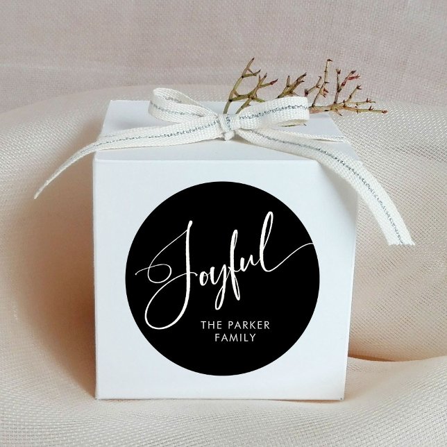 Joyful | Elegant Script Black Christmas Classic Round Sticker (Christmas stickers with elegant calligraphy that says "joyful")