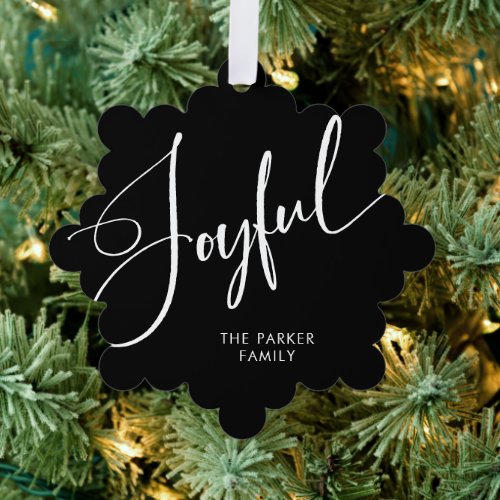 Joyful  Elegant Script Black Christmas Ornament Card