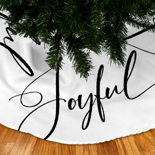 Joyful   Elegant Script Christmas Black and White Brushed Polyester Tree Skirt