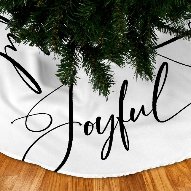 Joyful | Elegant Script Christmas Black and White Brushed Polyester Tree Skirt (An elegant and unique Christmas tree skirt featuring stunning calligraphy that says "joyful")