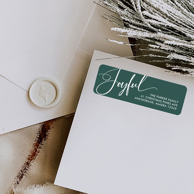 Joyful | Elegant Script Christmas Green Label (Elegant Christmas return address labels with modern calligraphy)
