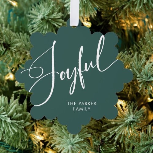 Joyful  Elegant Script Green Christmas Ornament Card